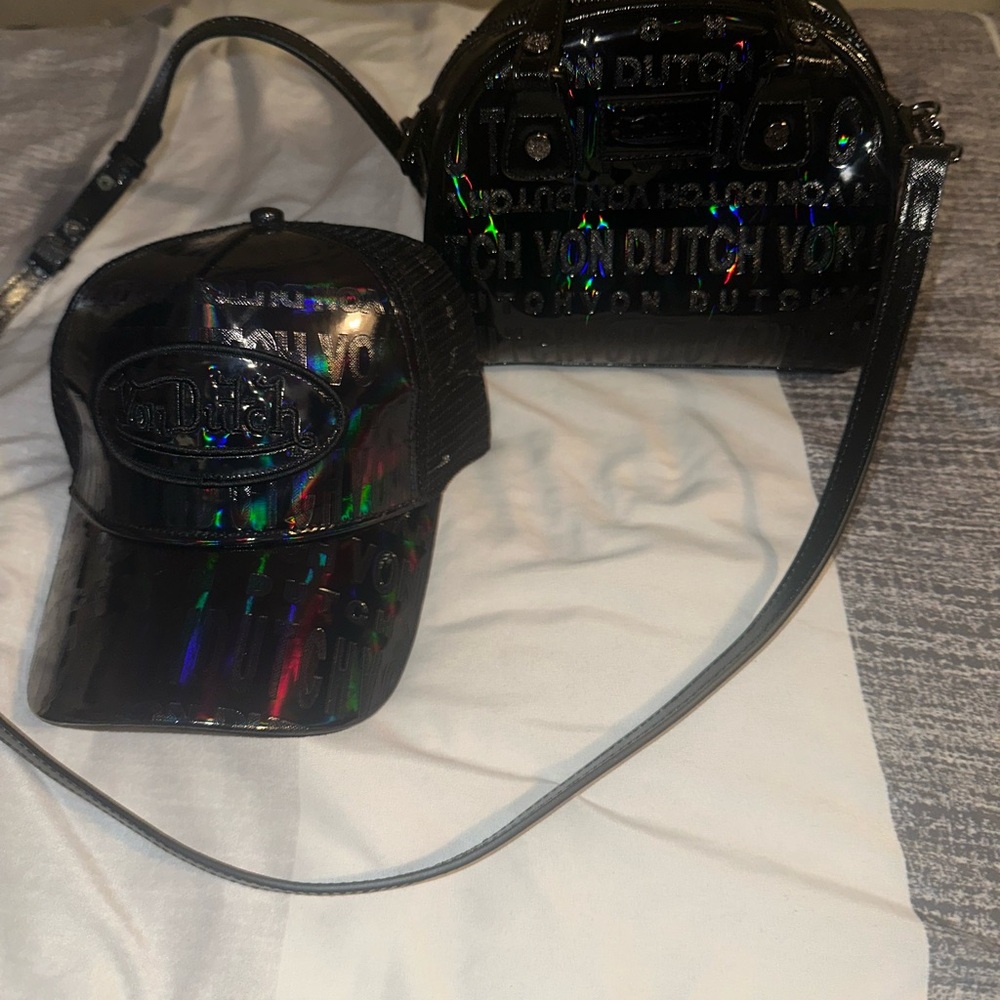 Von Dutch Black Holographic Cap and Bag Set